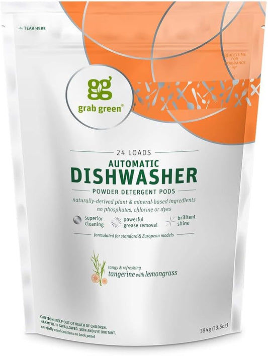 Grab Green Automatic Dishwashing Detergent Pods, 24 Count, Tangerine Lemongrass Scent, Plant and Mineral Based, Superior Cleaning, Powerful Grease Removal, Brilliant Shine