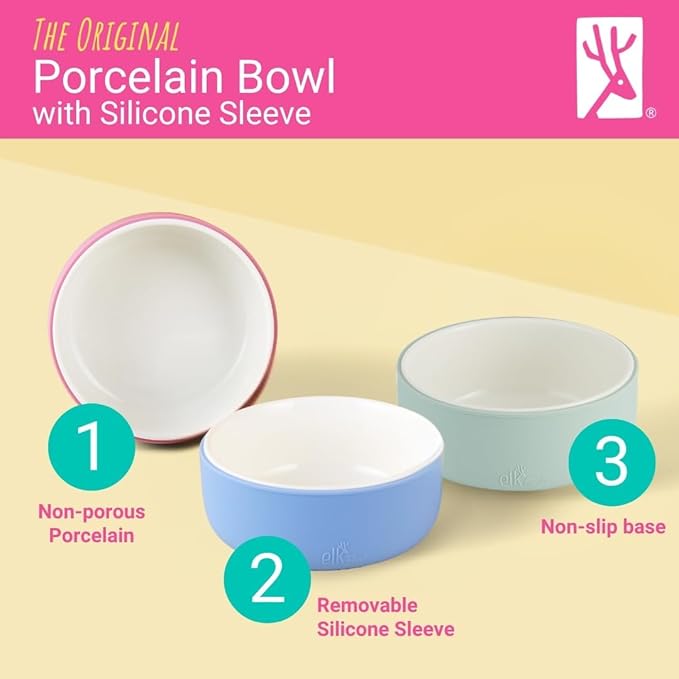 Elk and Friends Kids Porcelain Bowls with Silicone Sleeve | Kids/Toddler/Baby Feeding | Microwave & Dishwasher Safe | Non slip | Cereal/Soup/Snack Dishes & Dinnerware