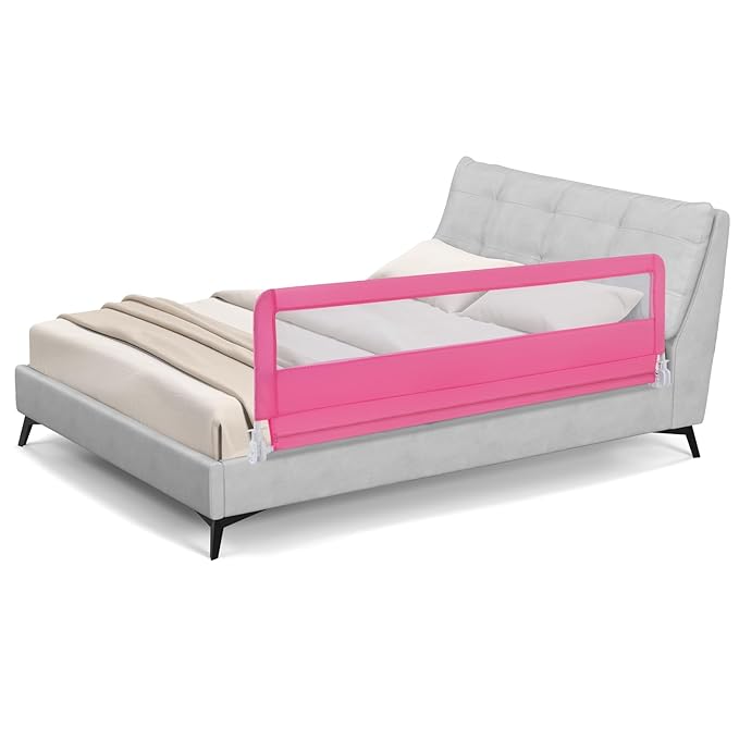 BABY JOY Bed Rails for Toddlers, 71'' Extra Long, Swing Down Bed Guard w/Safety Strap, Folding Baby Bedrail for Kids Twin, Double, Full Size Queen & King Mattress (71-Inch, Pink)