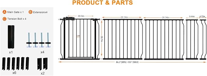 HOOEN 30" Tall Extra Wide Baby Gates for Doorways Stairs 86 to 105 Inch Large Long Pressure Mounted Dog Gates for The House Metal Tension Indoor Child Safety Gates for Kids or Pets