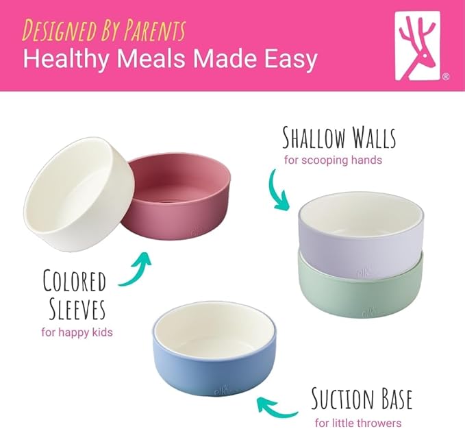 Elk and Friends Kids Porcelain Bowls with Silicone Suction Sleeve + Silicone Lid | Kids/Toddler/Baby Feeding | Microwave & Dishwasher Safe | Non slip | Cereal/Soup/Snack Dishes & Dinnerware