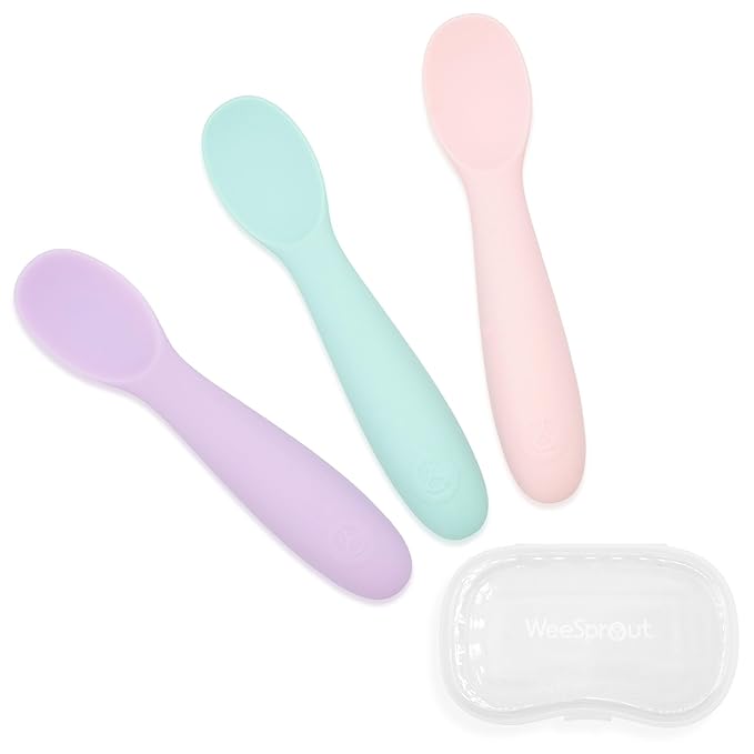 WeeSprout Baby Spoons for Self Feeding 6 Months +, Soft & Durable Silicone Utensils for Sensitive Gums & Teeth, Easy Grip Handles & Shorter Length for Little Hands, 3 Pack + Carrying Case