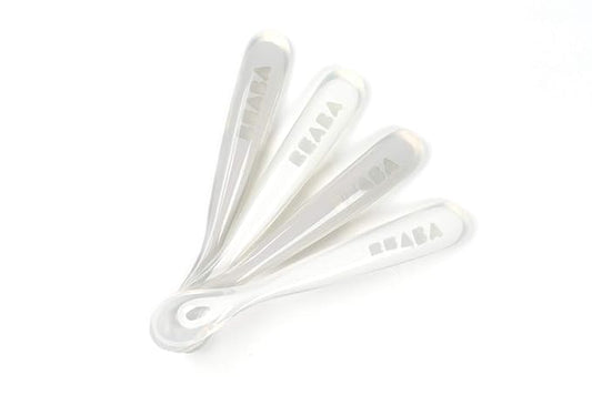 BEABA First Stage Baby Feeding Spoon Set, THE ORIGINAL Soft Tip Silicone Spoons for Babies, Gum Friendly BPA Lead Phthalate and Plastic Free, Great Gift Set (4 Pack), Cloud