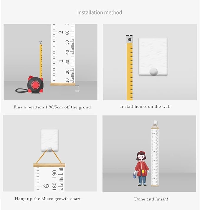 Kids Growth Chart, Wood Frame Fabric Canvas Height Measurement Ruler from Baby to Adult for Child's Room Decoration 7.9 x 79in (7.9 x 79in, White & Black)