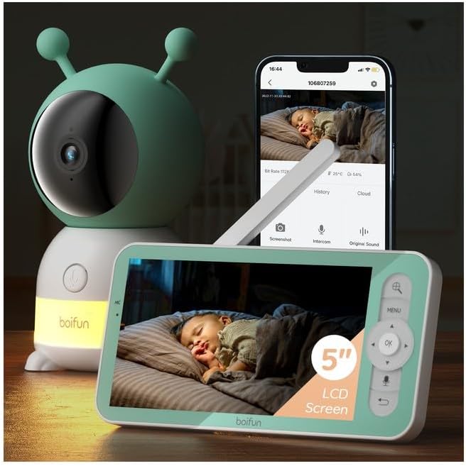 BOIFUN 2K WiFi Baby Monitor with Camera and Audio,Smartphone APP, Colorful Night Light, Smart AI Motion & Sound & Humidity & Temperature Detection, Auto Tracking,5-Inch Monitor Control, Night Vision
