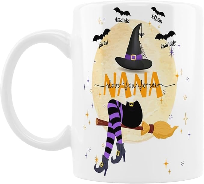 Personalized Witch Mug for Nana - Kids Names, 11 or 15 Oz Coffee Cup - Fall Gift for Her