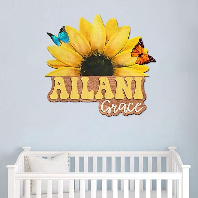 Custom Wooden Sunflower Nursery Name Sign for Girls, Boho Nursery Wood 2 Layer, Baby Name Sign, Baby Shower, Decor Floral, Flower gift/17