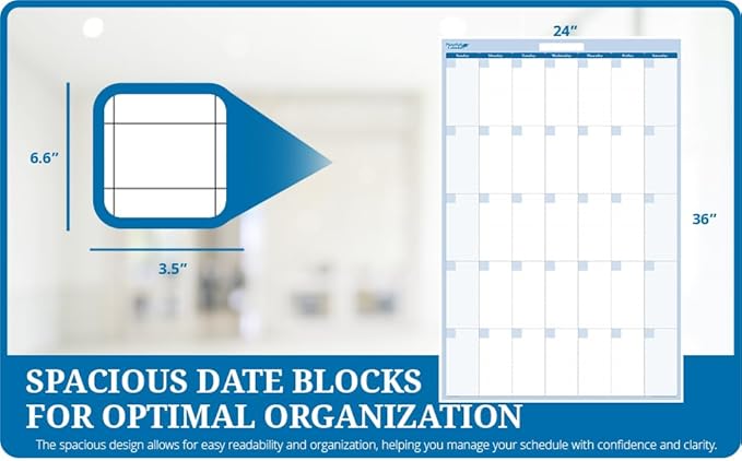 36" tall X 24" wide Vertical Sky Blue 30-Day Dry Erasable Wall Calendar Planner - 1-Month Large Calendar - Monthly Planner for Home, School, Classroom Organization. Complete with Free Marker and Eraser with Marker Holder