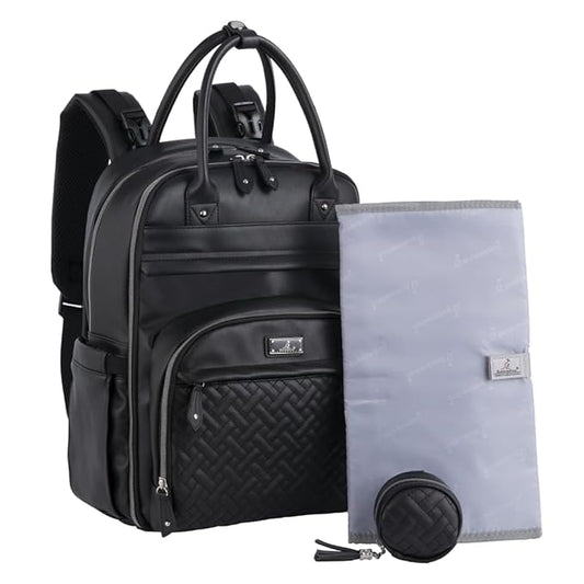 BabbleRoo Leather Diaper Bag Backpack - Baby Essentials Travel Baby Bag, Multi function, with Changing Pad, Stroller Straps & Pacifier Case – Unisex, Black