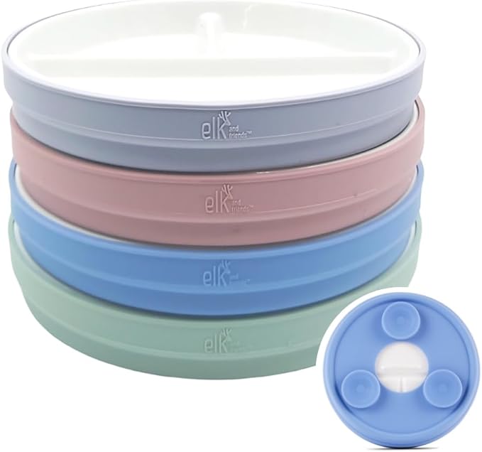 Elk and Friends Kids 6.7” Porcelain Divided Plates with Silicone Suction Sleeves | Suitable for Babies/Kids/Toddlers | Microwave & Dishwasher Safe | Non Slip | Snack Dishes | 4 Pack
