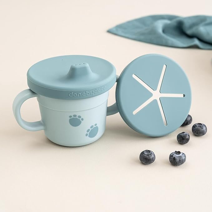 Done by Deer Elphee Blue Snack & Sippy Cup – Spill-Proof Toddler Cup with Soft Spout, Easy-Grip Handles, and Snap-On Lid – Perfect for 6-Month-Olds