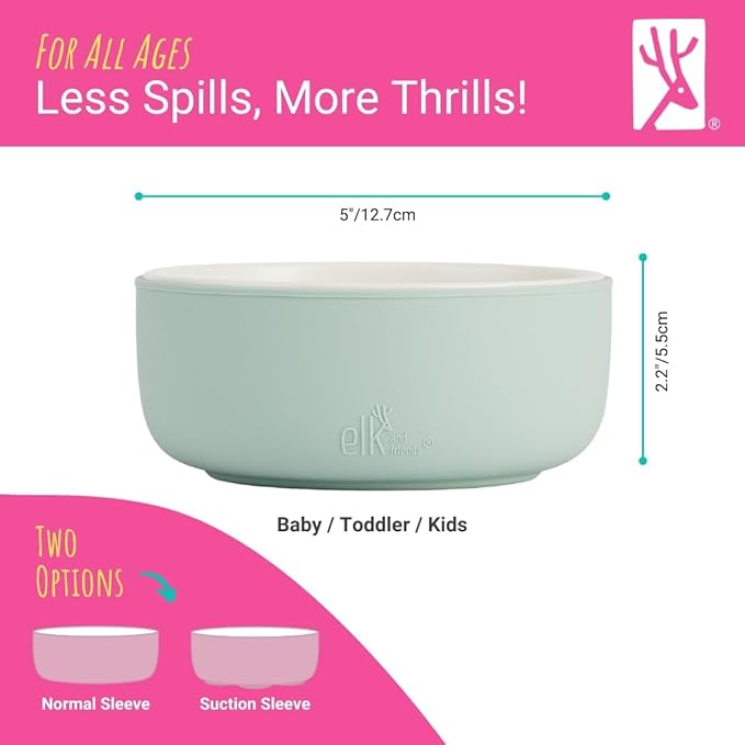 Elk and Friends Kids Porcelain Bowls with Silicone Sleeve | Kids/Toddler/Baby Feeding | Microwave & Dishwasher Safe | Non slip | Cereal/Soup/Snack Dishes & Dinnerware