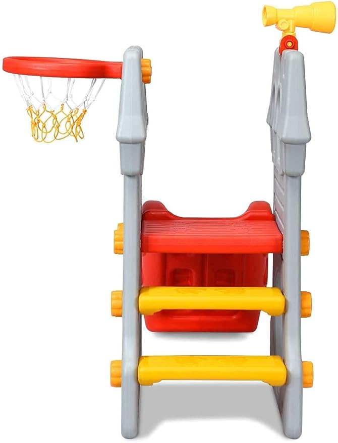 Costzon Toddler Slide Playground Climber Set, 5 in 1 Slide for Kids with Basketball Hoop, Telescope, Crawl Through Space, Easy Climb Stairs, Kids Large Slide Playset Gift for Both Indoor Outdoor Use