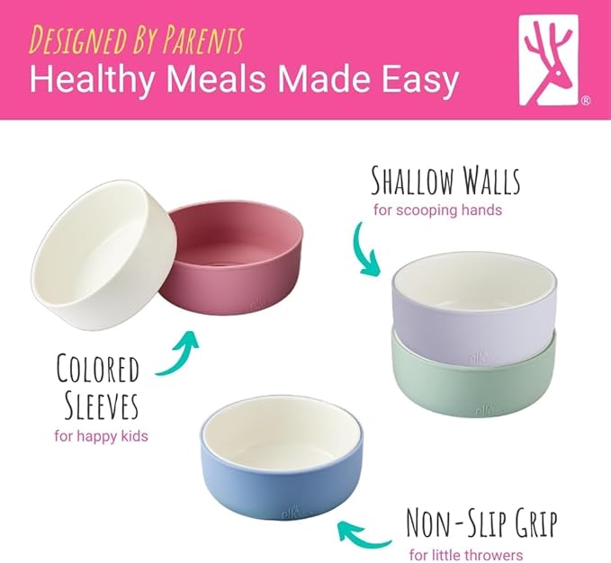Elk and Friends Kids Porcelain Bowls with Silicone Sleeve | Kids/Toddler/Baby Feeding | Microwave & Dishwasher Safe | Non slip | Cereal/Soup/Snack Dishes & Dinnerware