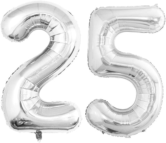 GOER Number 25 Balloons for 25th Birthday Party Decorations,42 Inch Jumbo Foil Helium 52 Balloons for 52nd Birthday Party Decoration (Silver)
