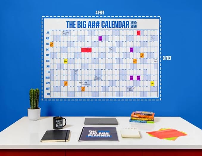 The Big A## Calendar Mid-Year Wall Planner – July to June Dry-Erase Board – Includes 1 Marker & 100 Labels – Lightweight, Easy to Hang Yearly Planner – Plan Goals & Adventures – Blue, 4’x3’