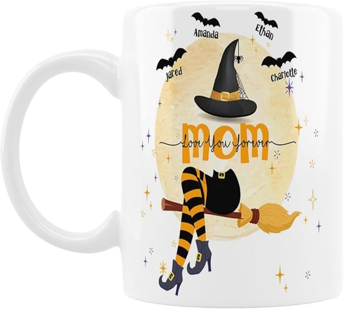 Personalized Halloween Witch Mom Mug With Kids Names - Coffee Cup Gift for Women - 11 or 15 Oz Fall Gift
