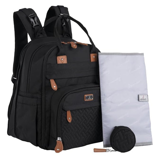 BabbleRoo Extra Large Diaper Bag Backpack, Expandable Baby Bag with Up to 50% More Capacity - Travel Essentials Baby Bag Tote with Changing Pad, Stroller Straps & Pacifier Case - Unisex, Black