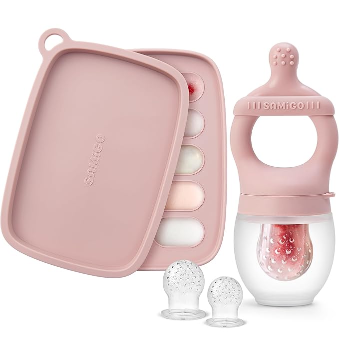 SAMiGO Baby Food Fruit Feeder and Breastmilk Popsicle Mold Set, Silicone Fruit Teether, Food Feeder Pacifier for Teething Relief, Freezer Tray, Baby Feeding Essentials, 4 Months+