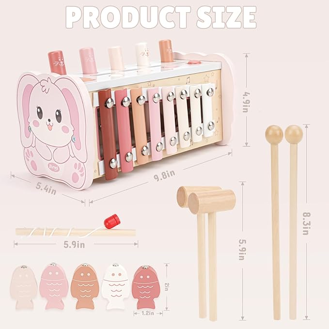 Joyreal Montessori Toys for 1 Year Old Girl Gift - Pink Wooden Hammering Pounding Toy with Xylophone & Fishing Game - Toddler Learning Activities for Kids 1+ 2 3 Year Old Christmas Birthday Gifts