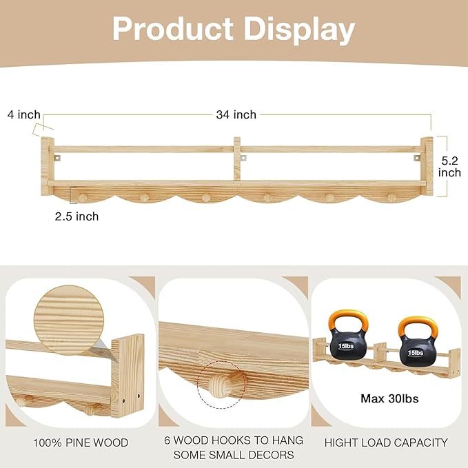 34Inch Nursery Bookshelves,Set of 4,Wall Floating Shelf Kids Coat Rack with 6Hooks,Hanging Book Shelf for Baby Nursery Room Décor， Patent Number: 29958098(Burlywood, 34)