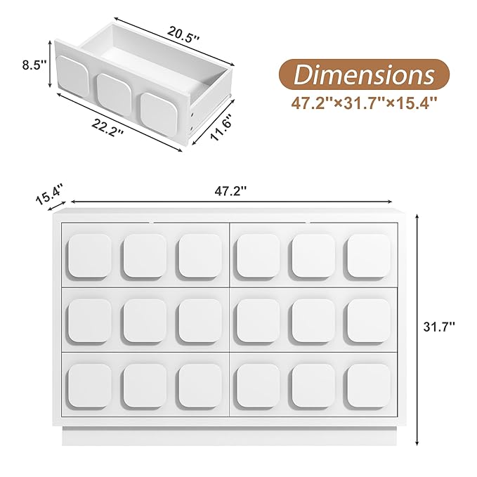 Anbuy White Baby Dresser for Bedroom, Dresser for Baby with 6 Drawers, Storage and Organization Unit with Square Handles, for Nursery, Kids