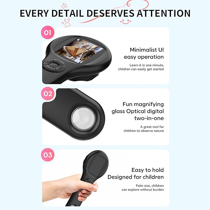 Magnifying Glass - Mini LED Pocket Microscope for Kids(5-10 Years) - Educational Science Kit Durable Design - Ideal Gift for Girls (Black)