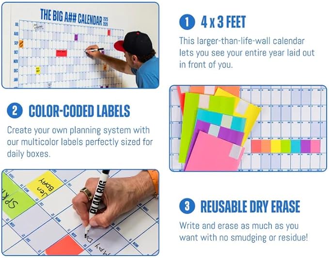 The Big A## Calendar Mid-Year Wall Planner – July to June Dry-Erase Board – Includes 1 Marker & 100 Labels – Lightweight, Easy to Hang Yearly Planner – Plan Goals & Adventures – Blue, 4’x3’