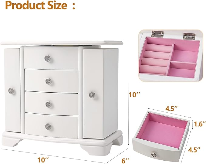 Jewelry Box,White Wooden Jewelry Box With Top Mirror, Jewelry Organizer Wooden Is Suitable For Storing Rings,Bracelets,Necklaces Etc
