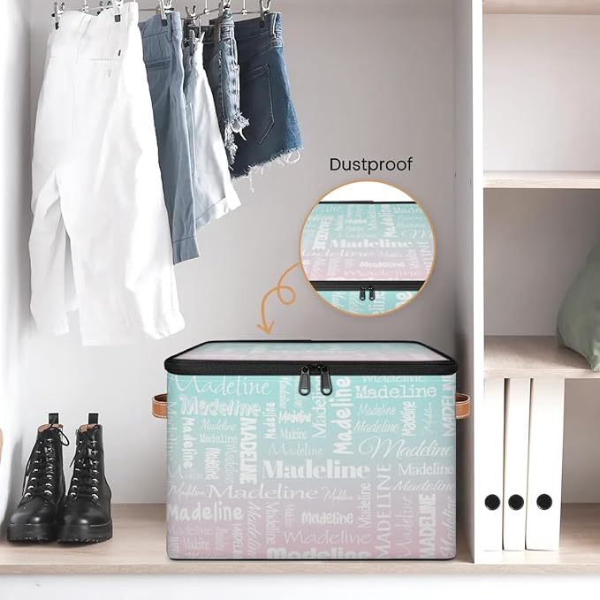 Custom Storage Basket with Name, Personalized Storage Bins with Zipper Lid, Foldable Fabric Storage Box Large capacity with Handle Green Pink