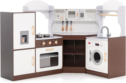 Costzon Corner Kids Kitchen Playset, Wooden Play Kitchen with Sounds & Lights, Washing Machine, Ice Maker, Microwave, Oven, Sink & Faucet, Pretend Toy Kitchen Set for Toddler, Gift for Boys Girls