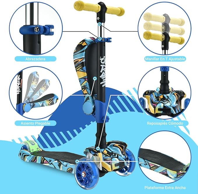 Hurtle 3-Wheeled Scooter for Kids - Wheel LED Lights, Adjustable Lean-to-Steer Handlebar, and Foldable Seat - Sit or Stand Ride with Brake for Boys and Girls Ages 1-14 Years Old