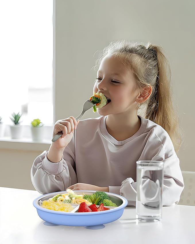 Stainless Steel Toddler Suction Plate with Lid, Deepened 9" Divided Plates with Removable Silicone Sleeves for Kids, Non Toxic Unbreakable Snack Dishes Set of 4, Sage Blue Gray Navy
