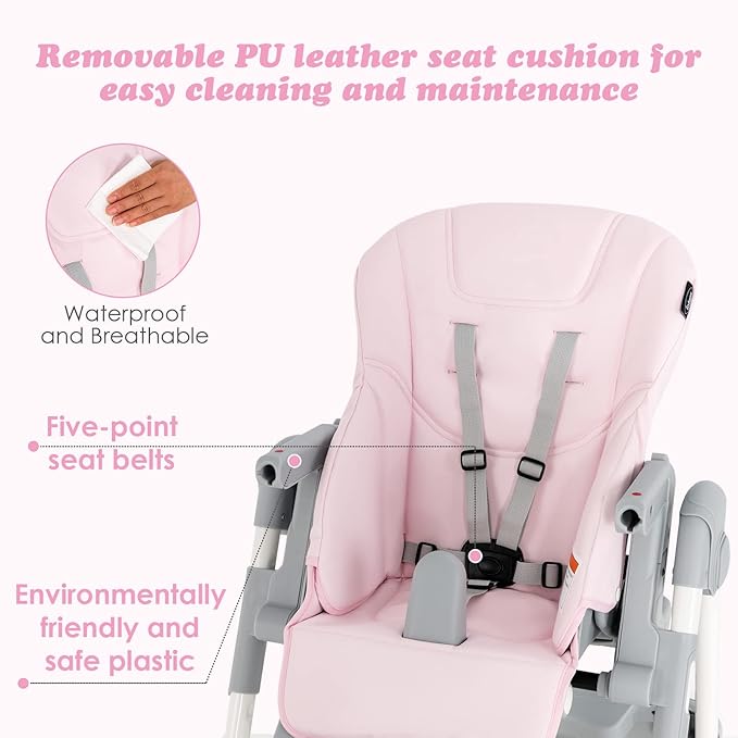 INFANS High Chair for Babies & Toddlers, Foldable Highchair with Multiple Adjustable Backrest, Footrest and Seat Height, Removable Tray, Detachable PU Leather Cushion, Built-in Rear Wheels (Pink)