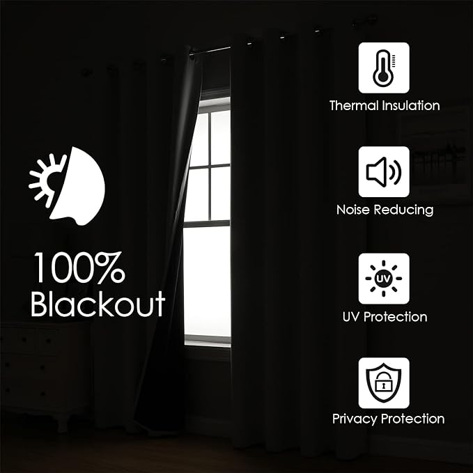 ChrisDowa 100% Blackout Curtains for Bedroom with Black Liner, 2 Thick Layers Total Blackout Thermal Insulated Grommet Window Curtains 84 Inch Long 2 Panels Set (Dark Grey, 52 x 84 Inch)