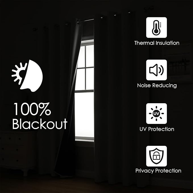 ChrisDowa 100% Blackout Curtains for Bedroom with Black Liner, 2 Thick Layers Total Blackout Thermal Insulated Grommet Window Curtains 2 Panels Set (Brown, 42 x 63 Inch)