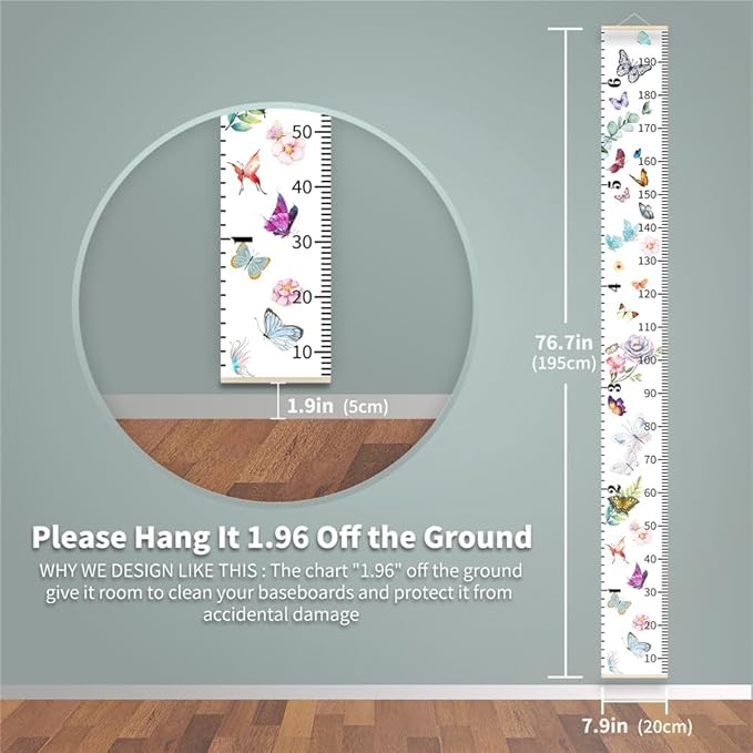 Pink Gray Color Block Growth Chart for Kids Baby Height Chart Ruler Removable Canvas Wooden Frame Hanging Wall Rulers Measurement Charts for Toddler Room Decor - 79"X7.9" with Beige Wood