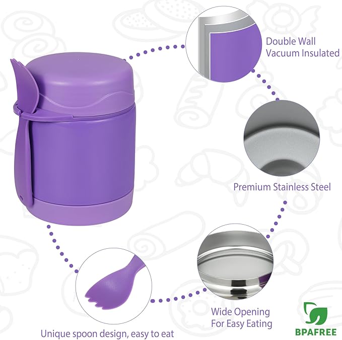 10oz Soup Thermo for Hot Food Kids,Lunch Thermo Kids Food Jar with Spoon Hot Insulated Food Containers,Leak Proof Stainless Steel Wide Mouth Lunch Food Thermo Jar for School(Purple)