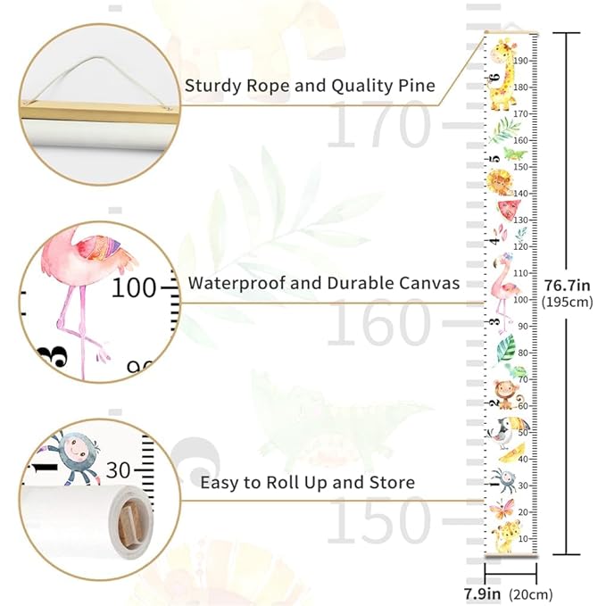 Pink Gray Color Block Growth Chart for Kids Baby Height Chart Ruler Removable Canvas Wooden Frame Hanging Wall Rulers Measurement Charts for Toddler Room Decor - 79"X7.9" with Beige Wood