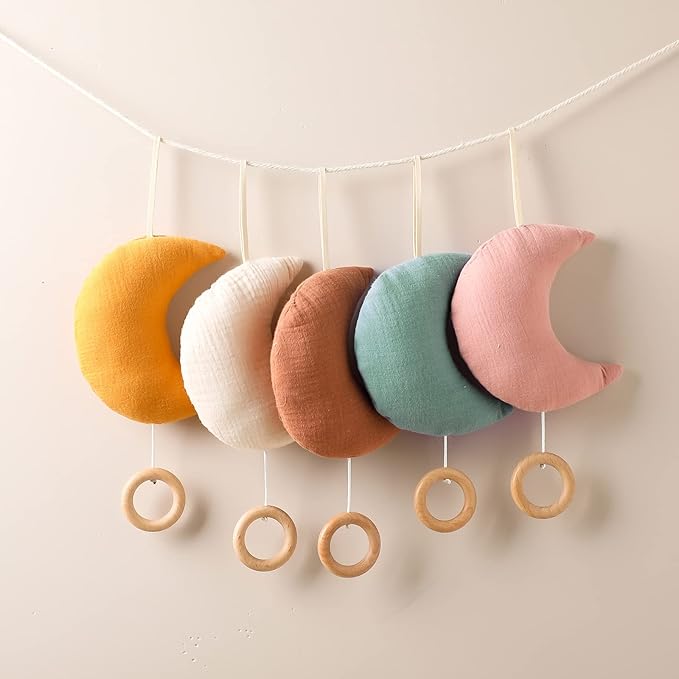 let's make Baby Travel Toy with Music Box - Brahm's Lullaby Pull Musical Toy, Mobile Crib Bed Bell for Carriers and Cribs Beige Moon Music Box