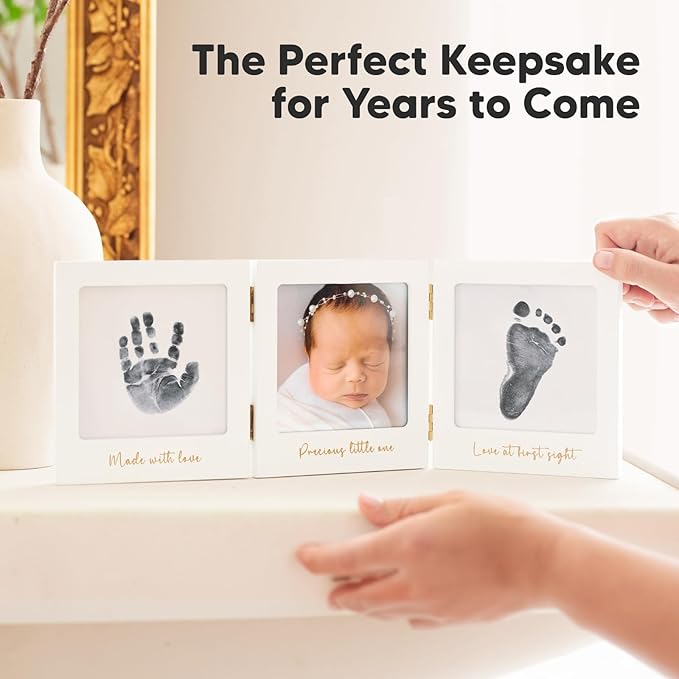 Inkless Baby Handprint and Footprint Kit for Newborn - Baby Footprint Kit,Newborn Keepsake Nursery Picture Frame,Dog Paw Print Maker,Personalized Gifts for New Mom,Showers & Registry(White/Gold)
