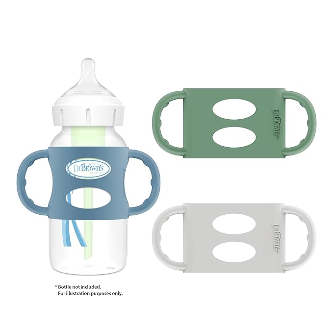 Dr. Brown's Wide-Neck Baby Bottle Handles, 100% Silicone, Easy Grip Removable Handles for Bottle to Sippy Cup Transition, Blue/Gray/Green, 3-Pack, 4m+