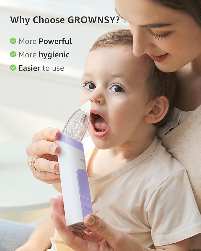 GROWNSY Nasal Aspirator for Baby, Electric Baby Nose Sucker, Automatic Nose Cleaner with Larger Suction Chamber and More Powerful Suction, Music and Light Soothing Function, Purple