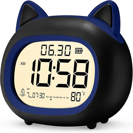 Kids Alarm Clock with Night Light for Kids, Small Digital Alarm Clocks for Bedrooms, Routine Builder, Cute Cat Alarm Clock with Sleep Training, Snooze, 12/24H, Date & Day, Temperature, USB Port