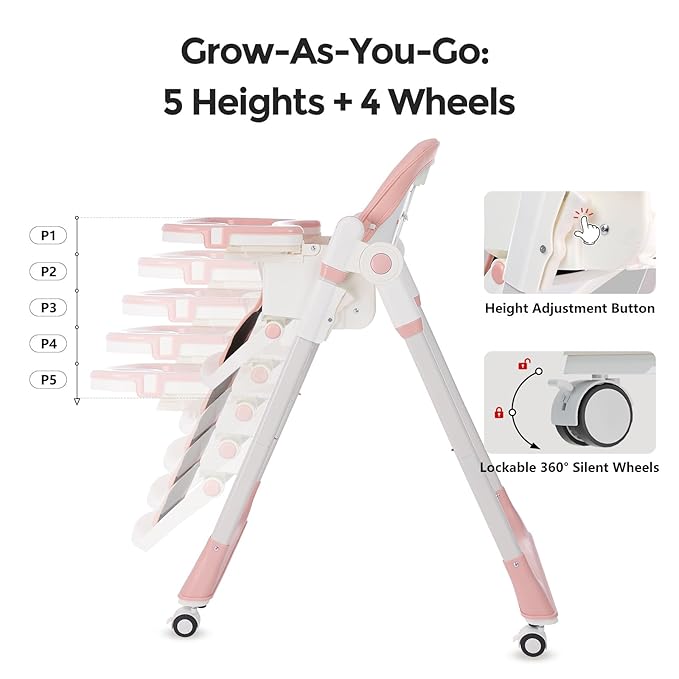 3-in-1 Foldable High Chair for Babies & Toddlers – Adjustable Height, Reclining Seat, 5-Point Safety Harness, Removable Tray, Lockable Wheels, Washable Cushion – Portable & Easy Clean, Pink