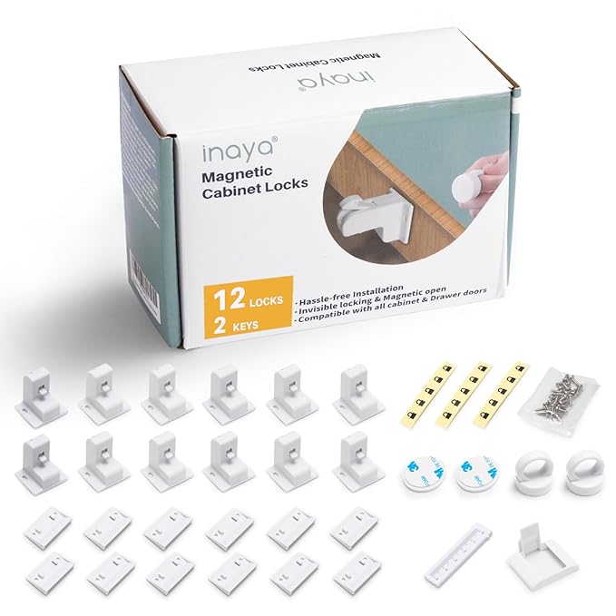 Inaya Magnetic Cabinet Locks Baby Proofing, 12 Locks & 2 Keys, Child Proof Magnet Locks for Cabinet Drawers with Invisible Design, 3M Adhesive for Easy Installation - No Drill & Tools Needed