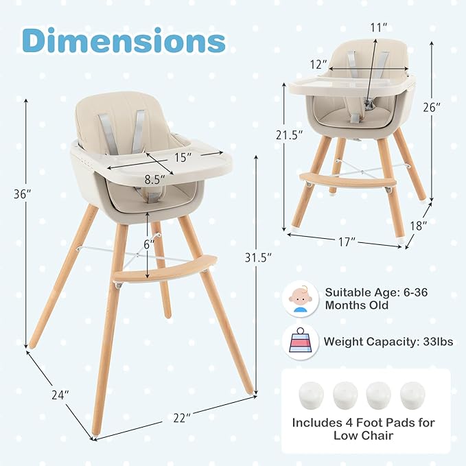 HONEY JOY High Chair, 3-in-1 Eat & Grow Wooden Highchair/Booster Seat/Toddler Chair with Removable Tray, 5-Point Harness, PU Cushion and Footrest for Baby, High Chair for Babies and Toddlers(Beige)
