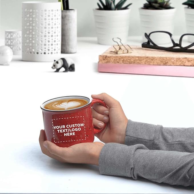 DISCOUNT PROMOS Custom Ceramic Campfire Coffee Mugs 13 oz. Set of 10, Personalized Bulk Pack - Perfect for Tea, Espresso, Cappuccino, Hot Cocoa - Red