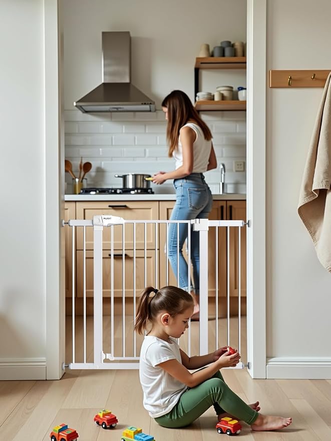 36.2" Extra Tall Baby Gate for Stairs, 29.5-46" Wide Dog Gate for Doorways, Walk Thru Auto Close Metal Child Gate for The House, Stairs and Doorways, Pet Gate Pressure Mounted Dog Gate Indoor (White)