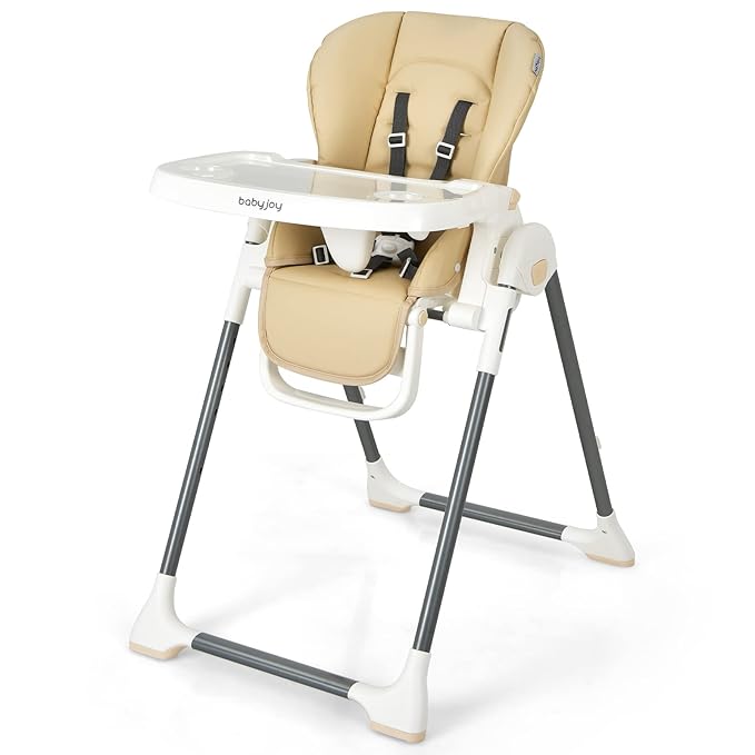 BABY JOY High Chair for Babies & Toddlers, Foldable High Chair w/Adjustable Height/Backrest/Footrest, Double Removable Tray, Book Holder & Storage Bag, Highchair for 6-36 Months Girls Boys (Beige)